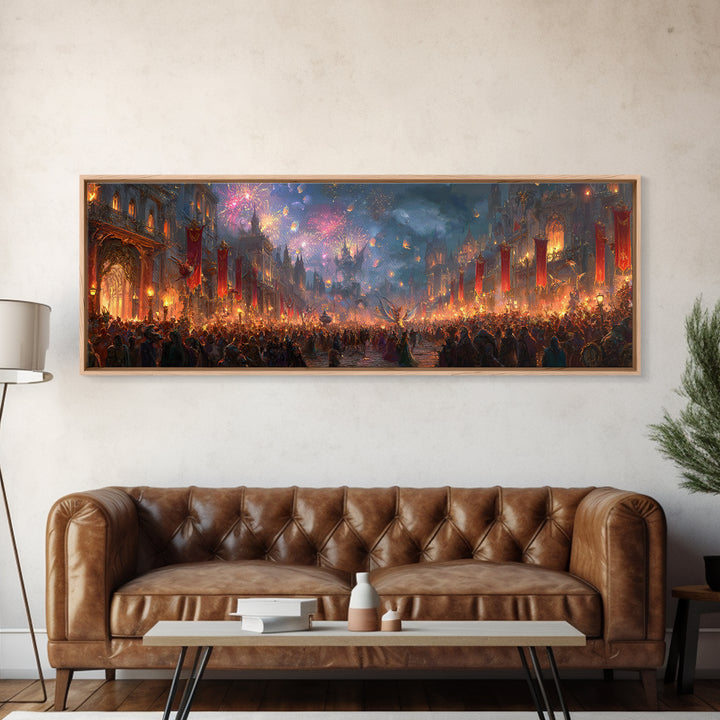 Firework Festival In Magical Medieval City Canvas Print, Fantasy City Wall Art, Maximalist Living Room Home Decor Gift Idea