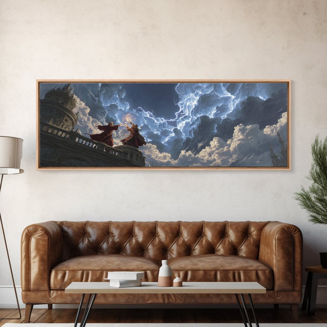 Wizards Casting Lightning Above Storm Clouds Framed Canvas Print, Dark Fantasy Wall Art, Dramatic Gothic Home Decor Gift