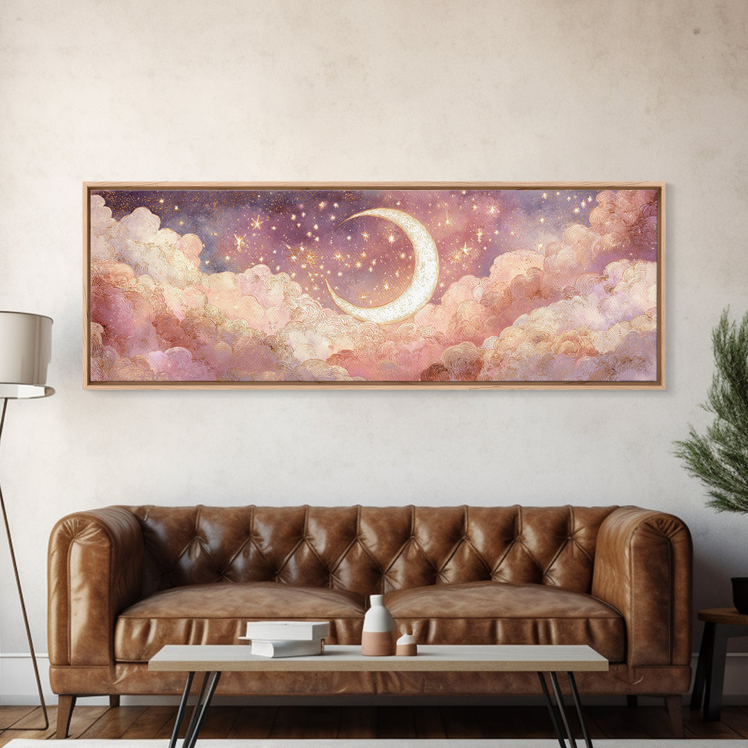Glowing Crescent Moon In Pink Clouds Wall Art, Dreamy Celestial Nursery Decor, Whimsical Bedroom Decor, Framed Canvas Print
