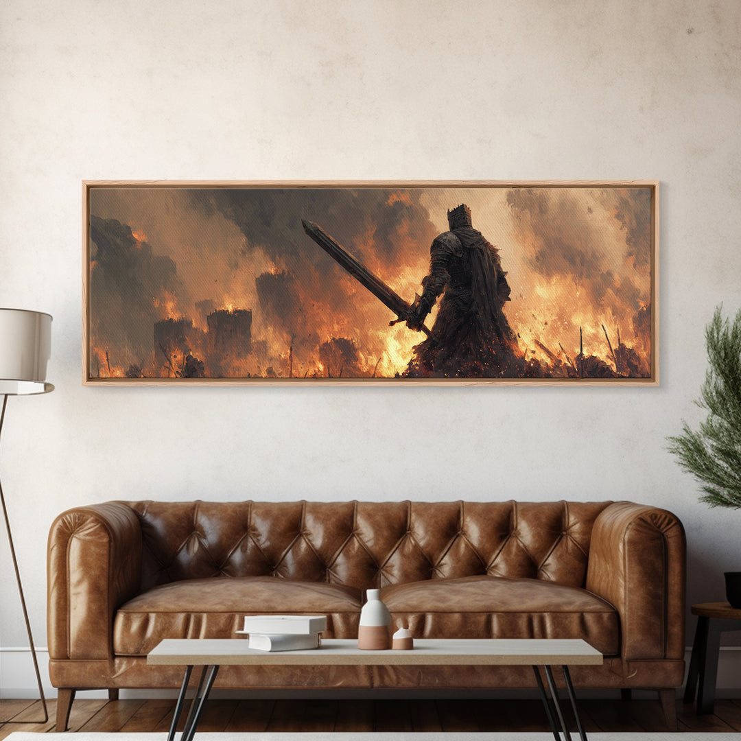 Epic Knight Dark Fantasy Sword Warrior Fire Castle Scene Canvas Print Wall Art For Medieval And Fantasy Home Decor