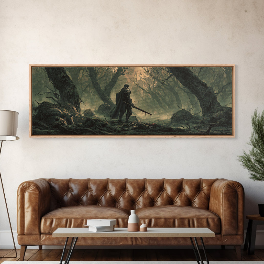 Dramatic Moody Forest Warrior Knight Painting Dark Art Framed Canvas Print Medieval Wall Art Home Decor