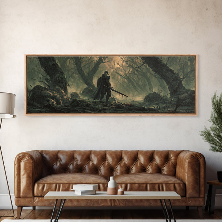 Dramatic Moody Forest Warrior Knight Painting Dark Art Framed Canvas Print Medieval Wall Art Home Decor