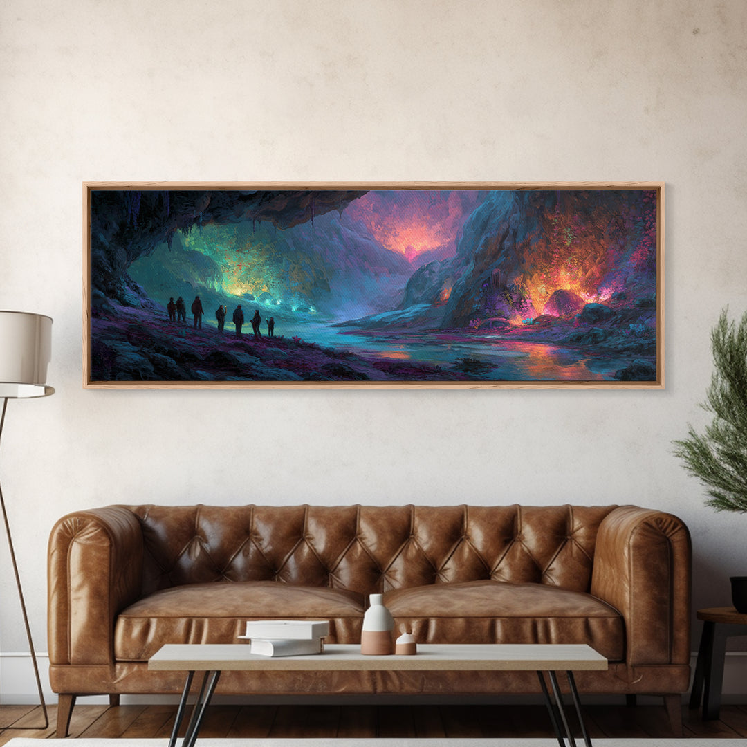 Mystical Illuminated Cave Explorers Awesome Fantasy Landscape Artwork Canvas Print Wall Art For Unique Home Decor