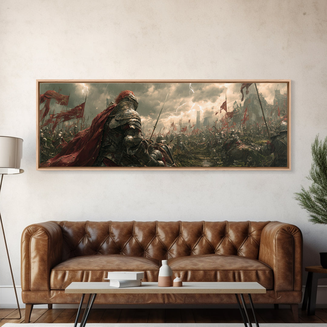 Armored Knight On Stormy Battlefield Framed Canvas Print, Medieval Fantasy Wall Art, Warrior Decor, Gift For Him, Man Cave Decor