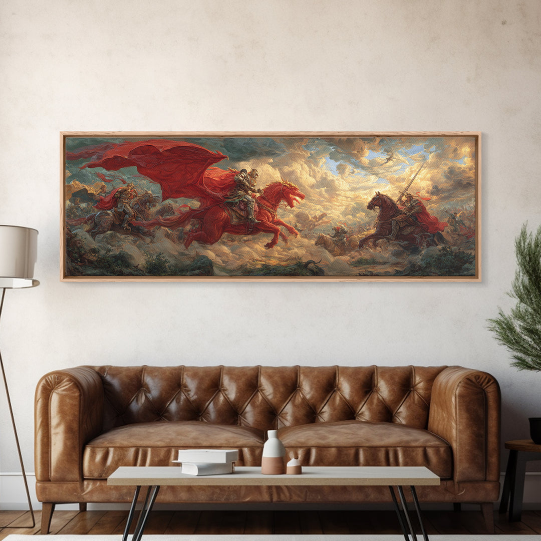 Red Cavalry Charge Across Battlefield Framed Canvas Print, Medieval Fantasy Wall Art, Warrior Decor, Statement Artwork Gift