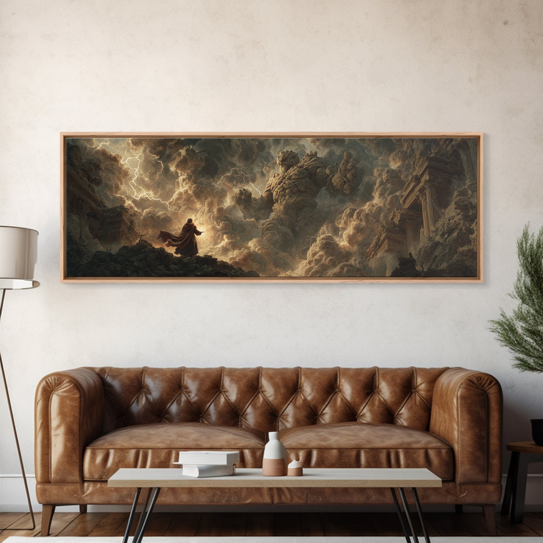 Dramatic Stormy Scene With Giant Stone Creature And Wizard Fantasy Painting Canvas Print Statement Wall Art For Fantasy Fans