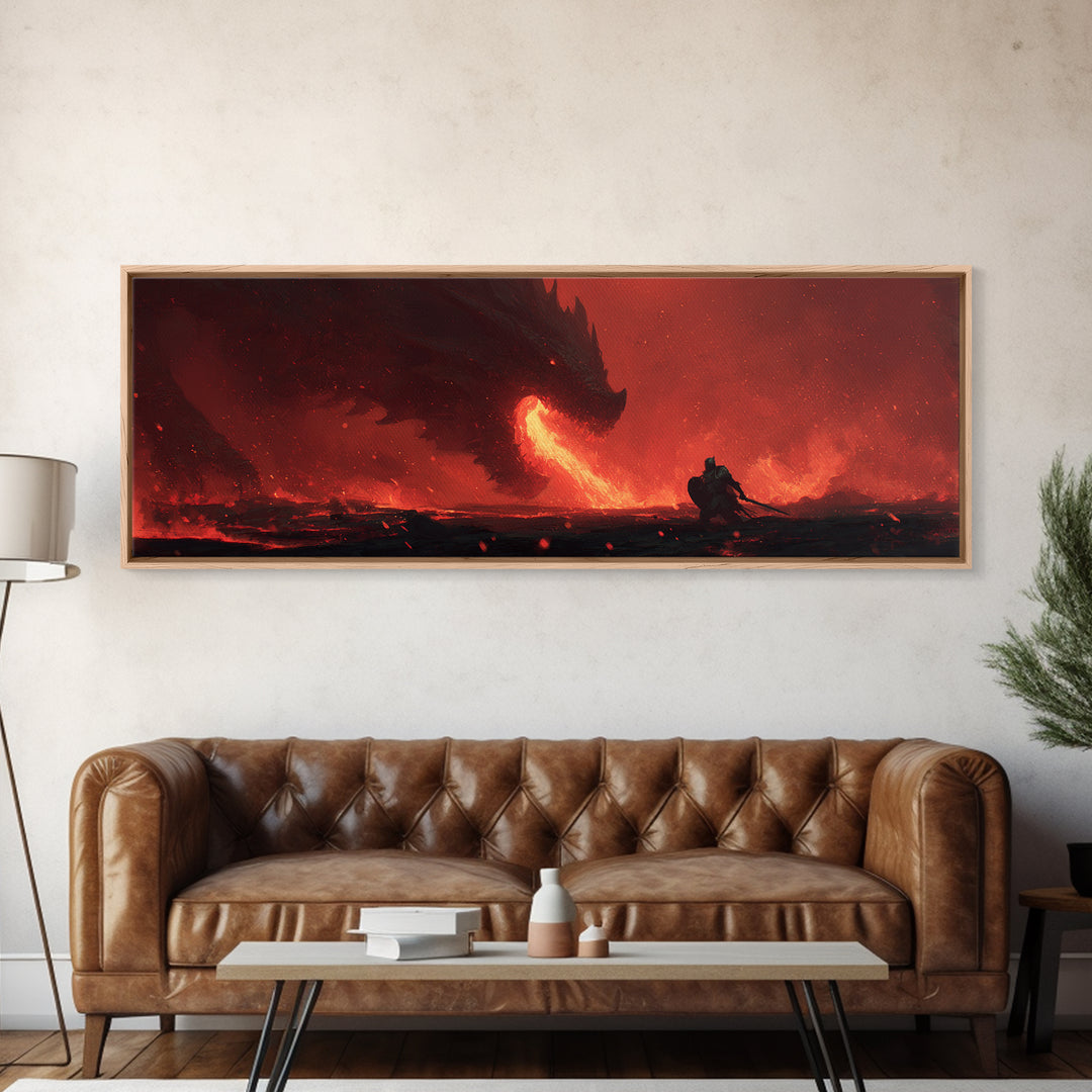 Dramatic Canvas Print Depicting Brave Knight Facing Ferocious Fire Breathing Dragon In Fiery Red Landscape Epic Fantasy Wall Art For Home And Office Decor