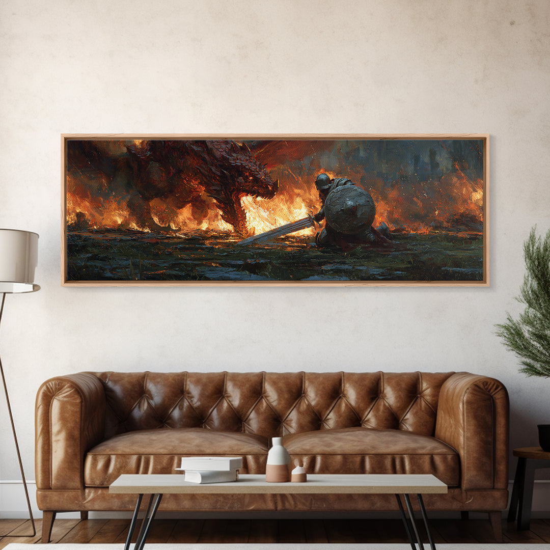 Heroic Knight Facing Fiery Dragon Fantasy Battle Scene Canvas Print Modern Wall Art For Living Room Or Game Room Decor