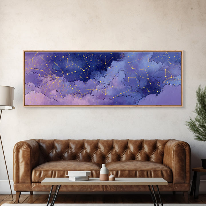 Purple Night Sky With Gold Constellations Wall Art, Celestial Wall Decor, Astronomy Art Print, Large Horizontal Canvas Print