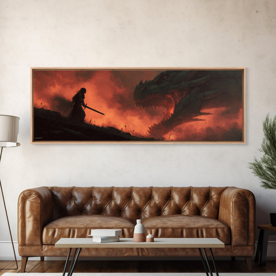 Epic Battle Between Warrior And Dragon Fantasy Painting Wall Art Print Framed Canvas Print For Living Room Home Decor