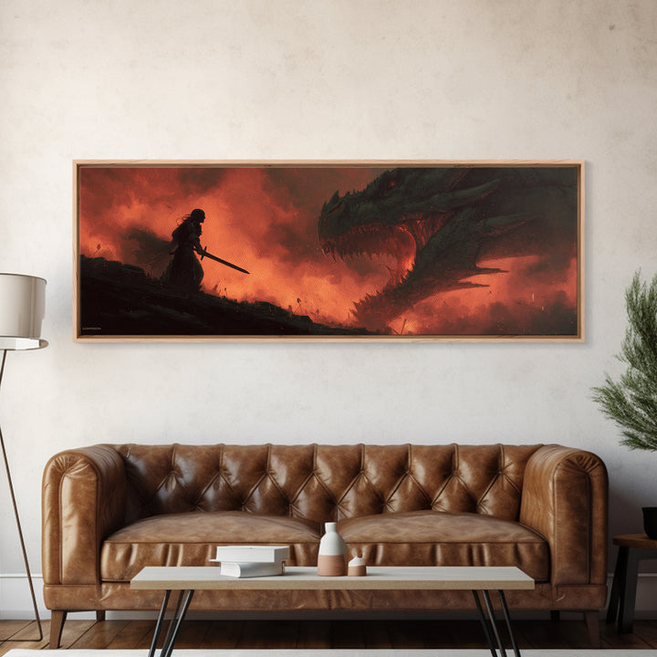 Epic Battle Between Warrior And Dragon Fantasy Painting Wall Art Print Framed Canvas Print For Living Room Home Decor