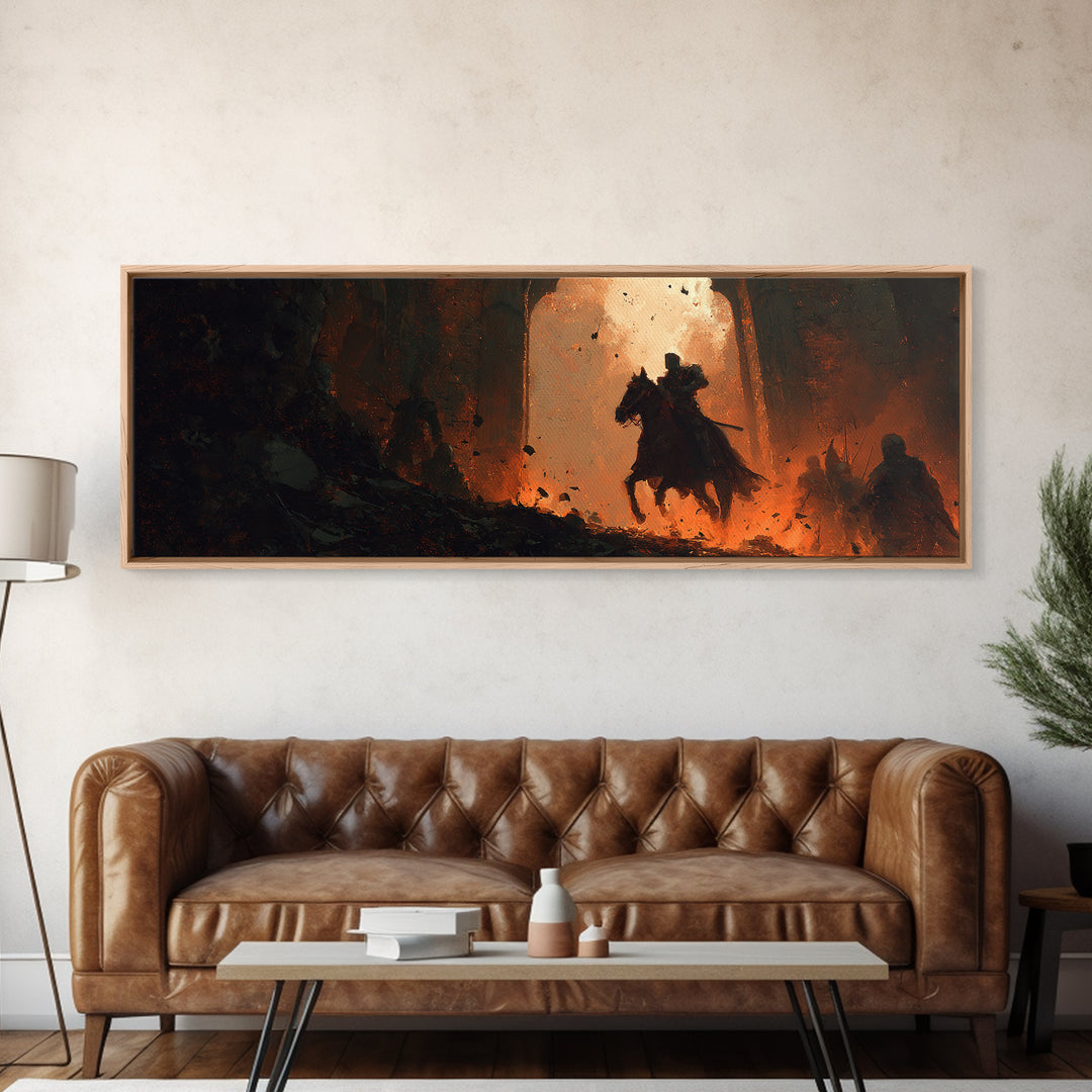 Dramatic Medieval Knight With Sword Riding Horse Through Fiery Castle Gate Abstract Wall Art