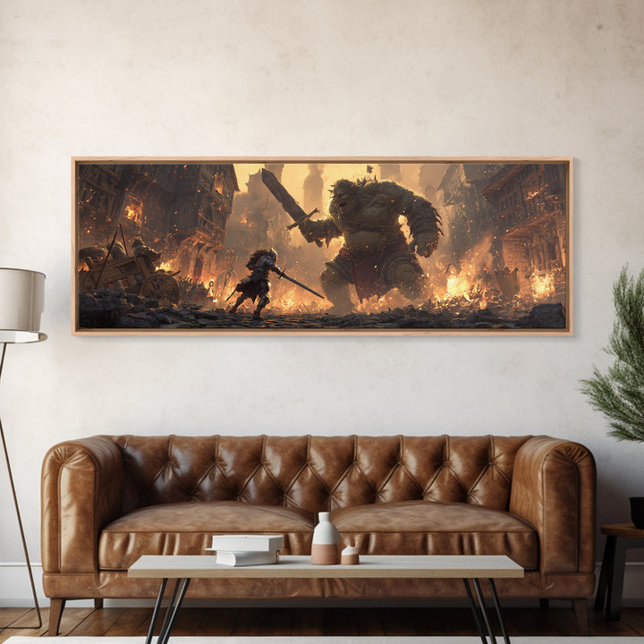 Fantasy Art Scene Of Knight Fighting Giant Ogre In Burning Medieval Town Wall Art Framed Canvas Print