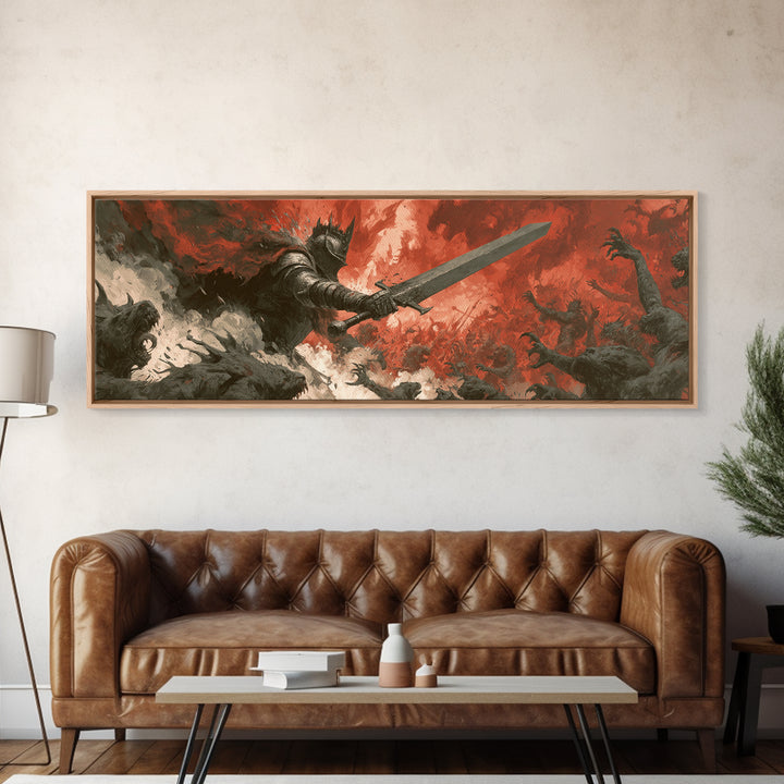 Epic Armored Knight Battling Dark Creatures In Fiery Fury Fantasy Canvas Print For Dramatic Wall Art Decor