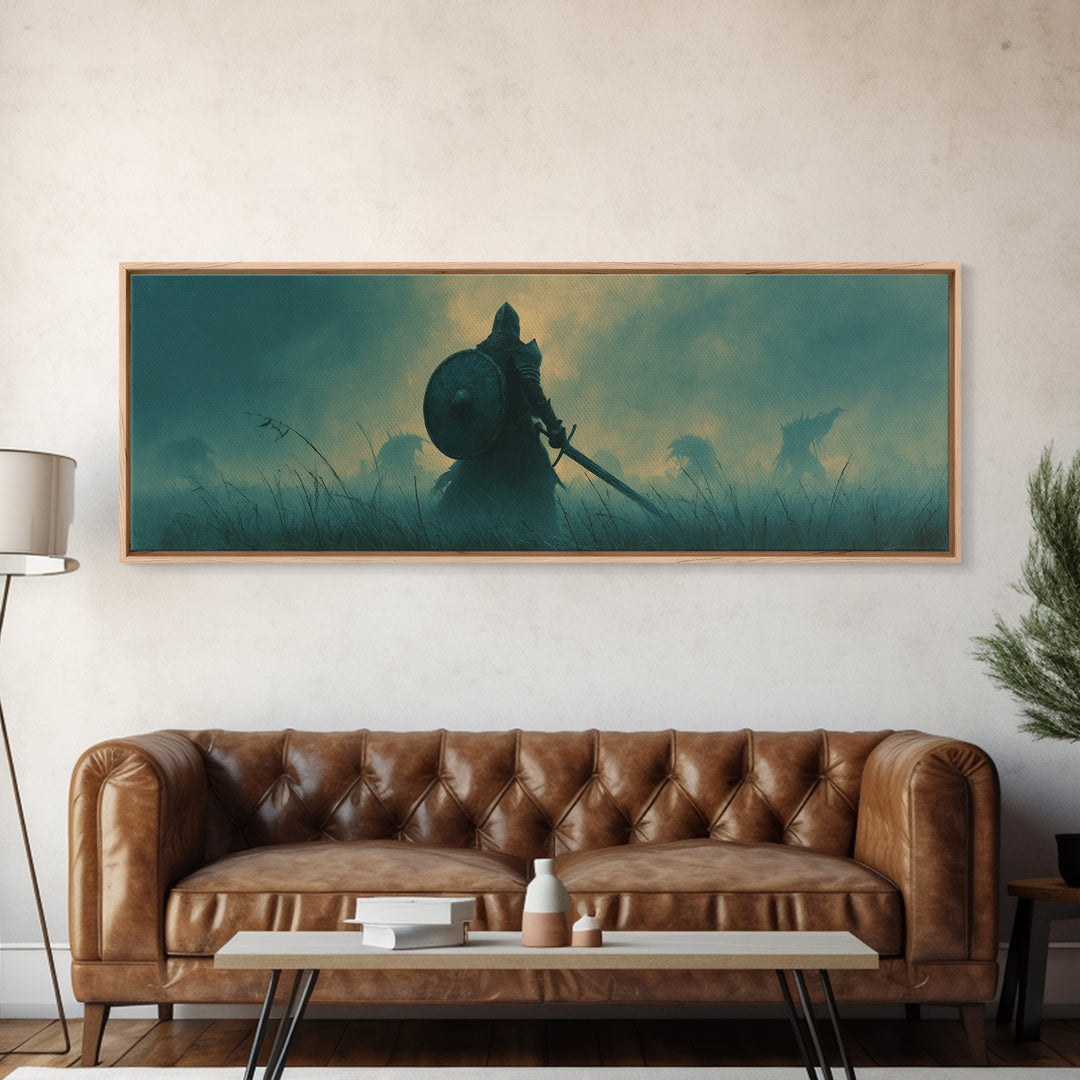 Brave Knight Standing Before Shadowy Dragon Figures Surrounded By Fog Canvas Print Large Wall Art For Dark Fantasy Decor