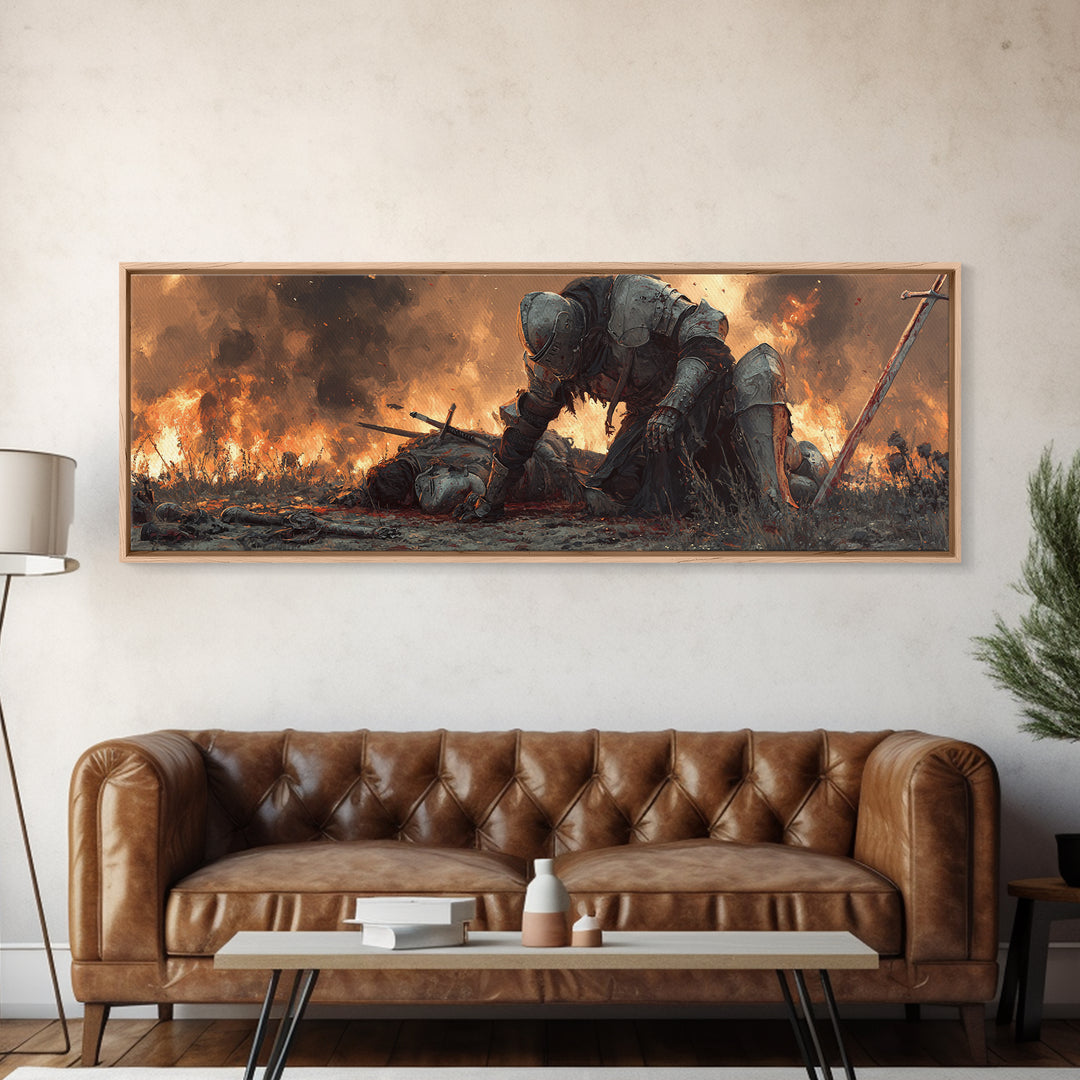 Epic Knight And Fallen Warrior Medieval Battle Scene Dramatic Oil Painting Style Wall Art Canvas Print