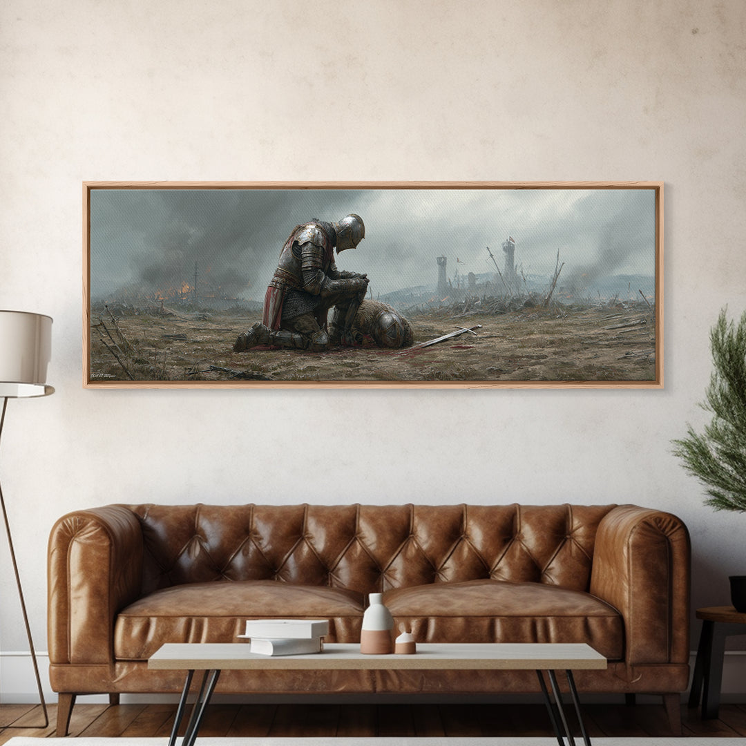 Medieval Knight Mourning Fallen Comrade Battlefield Scene Oil Painting Canvas Print Wall Art For Decor