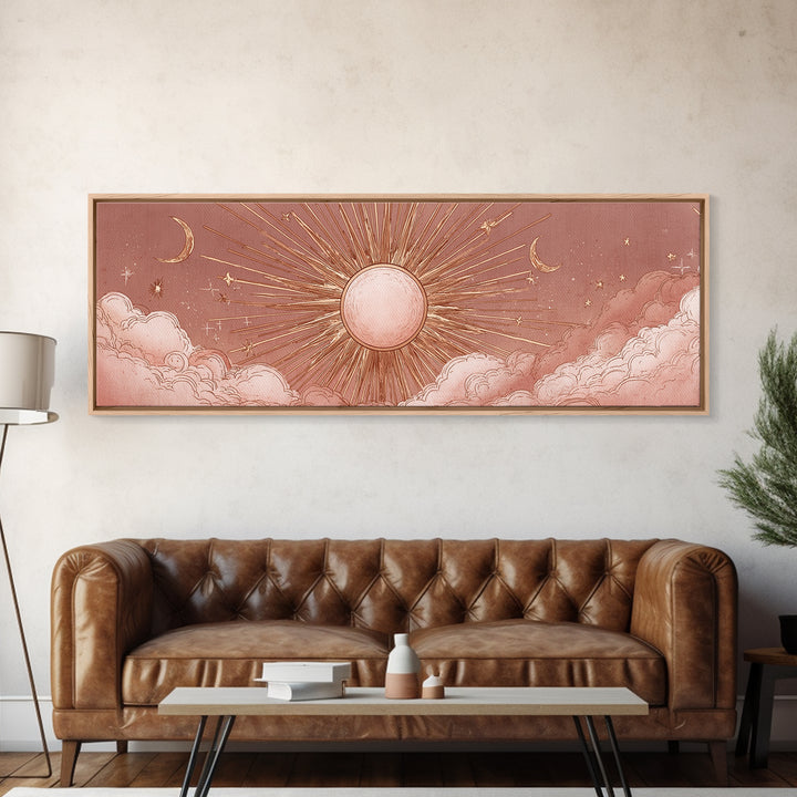 Rose Gold Sun And Twin Moons Wall Art, Celestial Wall Decor, Boho Bedroom Decor, Mystical Large Horizontal Framed Canvas Print