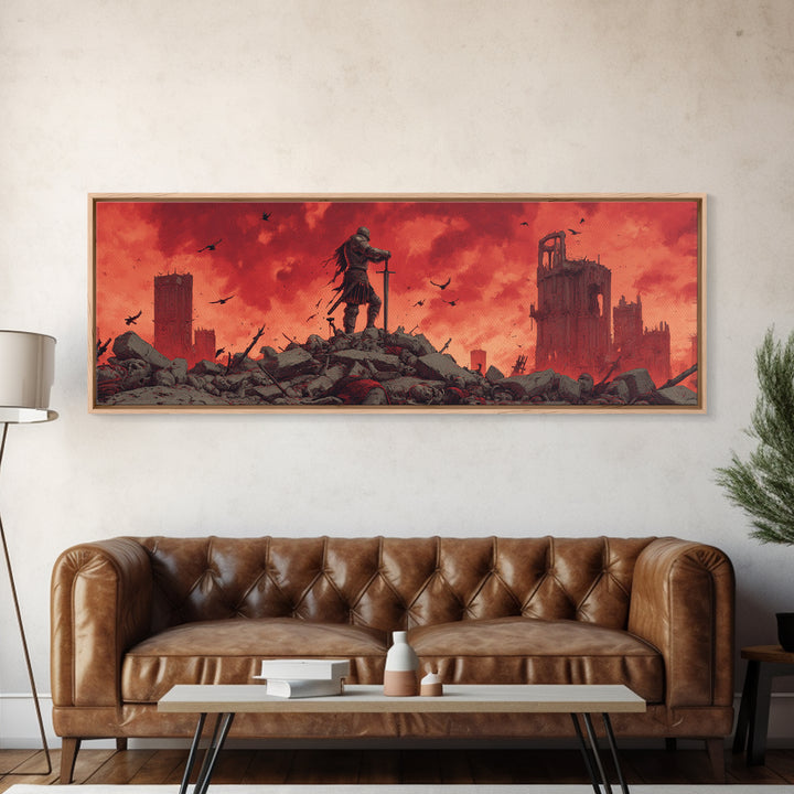 Epic Knight On Battlefield Amid Ruins With Dramatic Red Sky Wall Art Framed Canvas Print For Medieval Decor