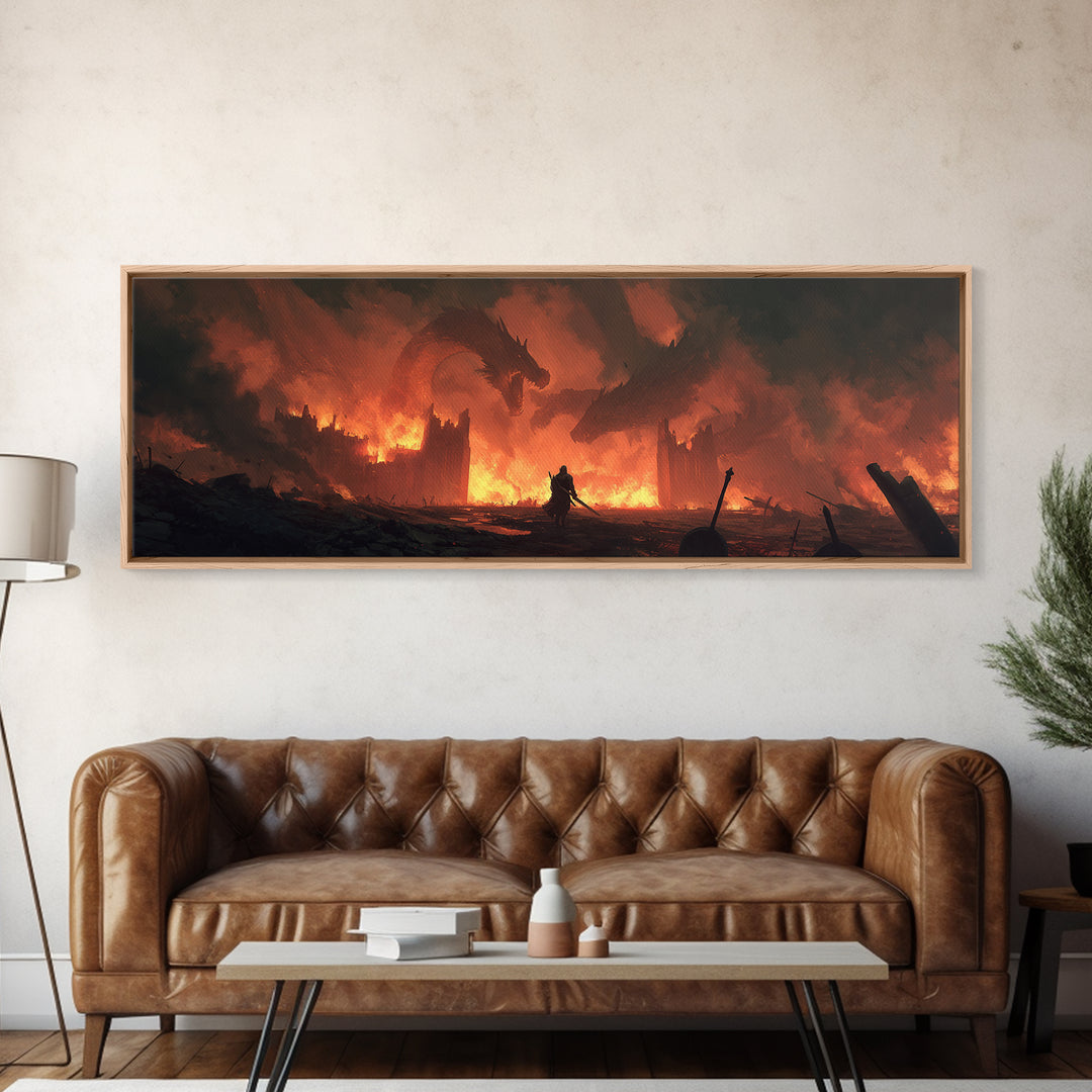 Epic Fantasy Warrior In Fiery Castle With Dragons Wall Art Canvas Print For Game Room Or Bedroom Decor