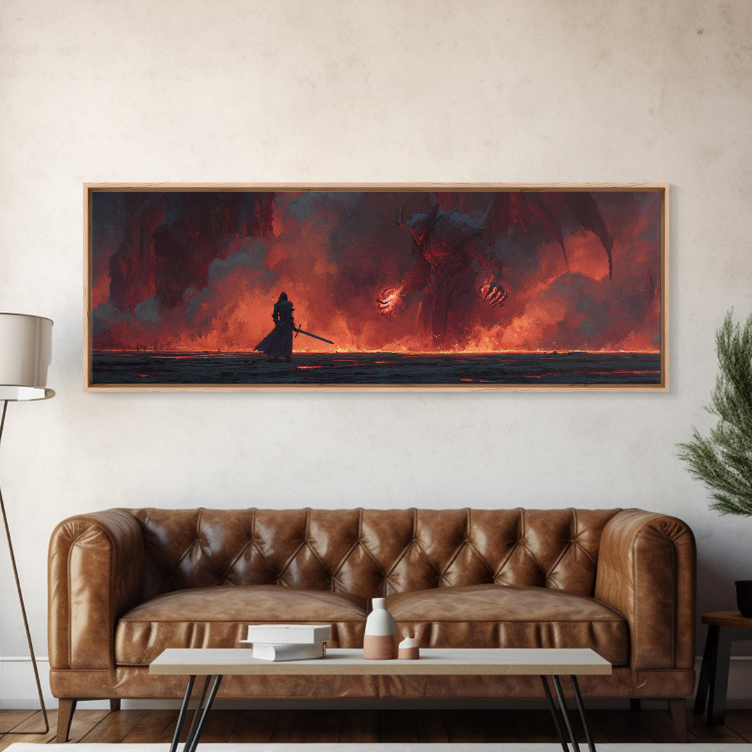 Heroic Fantasy Knight Facing Fiery Demon In Epic Battle Scene Wall Art Framed Canvas Print For Game Room, Bedroom, Or Fantasy Art Collectors Gift