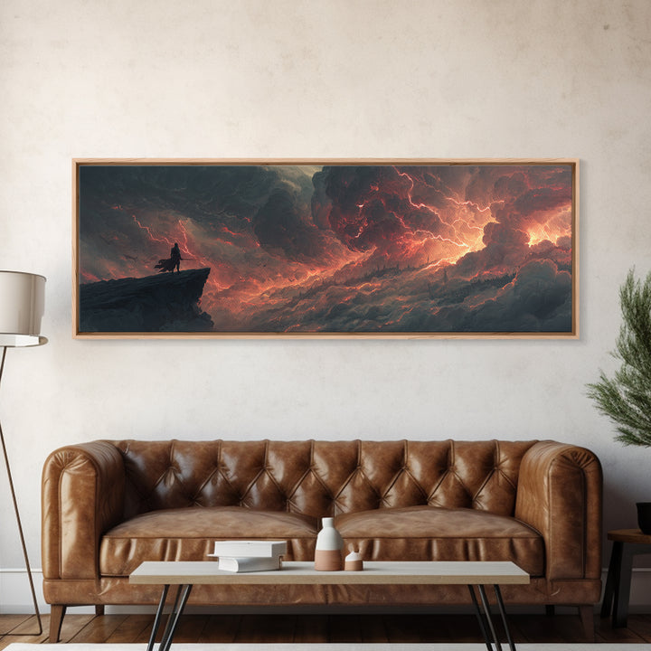Epic Fantasy Warrior Standing On Cliff Amid Intense Fiery Sky - Dramatic Fantasy Wall Art Canvas Print For Bold Home Decor