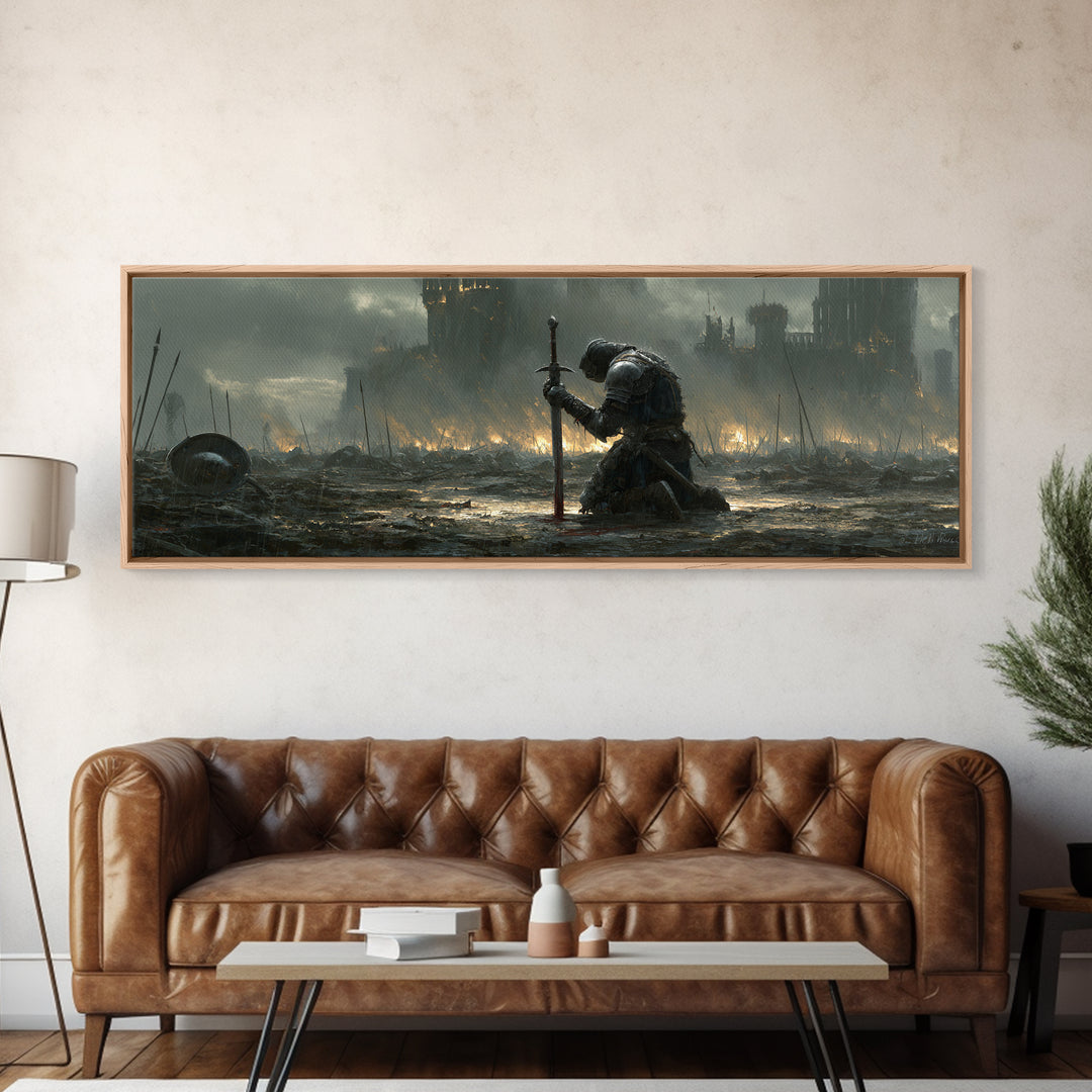 Medieval Knight Kneeling On Battlefield In Rain With Flaming Castle Background Dramatic Wall Art Canvas Print