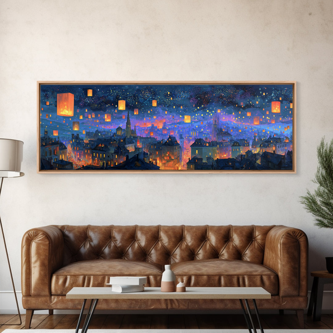 Magical City Skyline With Floating Lanterns And Twinkling Stars Wall Art For Home