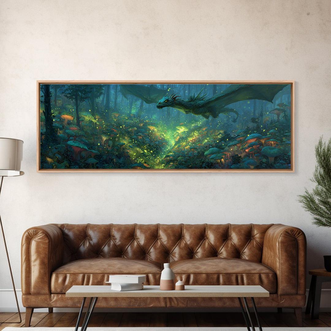 Fantasy Forest Scene With Dragon And Enchanted Glow Magical Wall Art Vibrant Canvas Print For Unique Home Decor And Gift Ideas