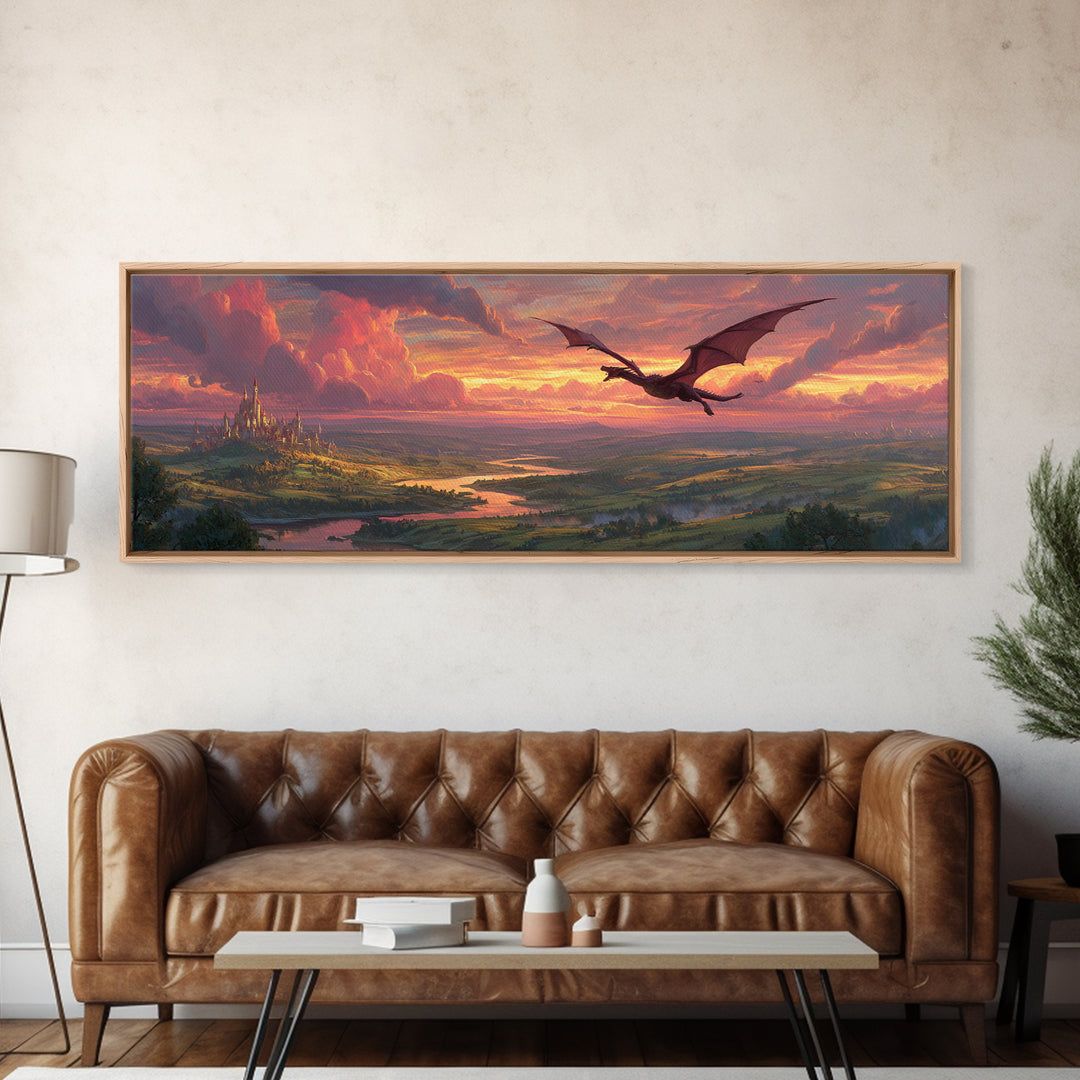 Epic Fantasy Landscape Painting Of A Castle On Hill With A Flying Dragon Under Dramatic Sunset Skies Wall Art