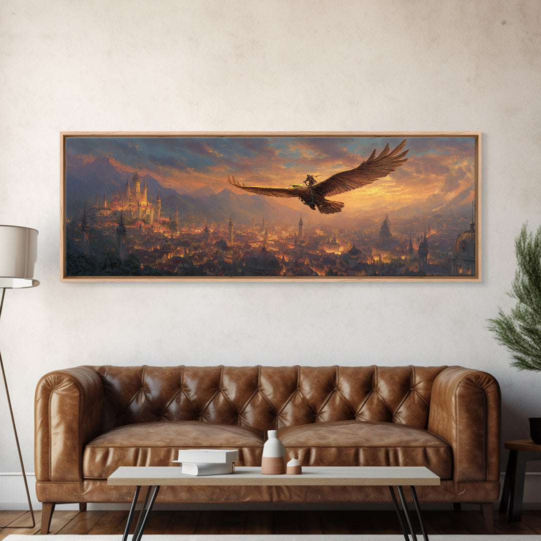 Majestic Castle Landscape With Giant Eagle And Rider At Sunrise Canvas Print Modern Wall Art For Living Room Decor