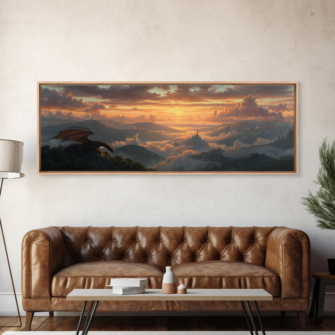 Epic Fantasy Scene With Dragon Flying Over Mountain Landscape At Sunset Large Wall Art Canvas Print For Bedroom Decor