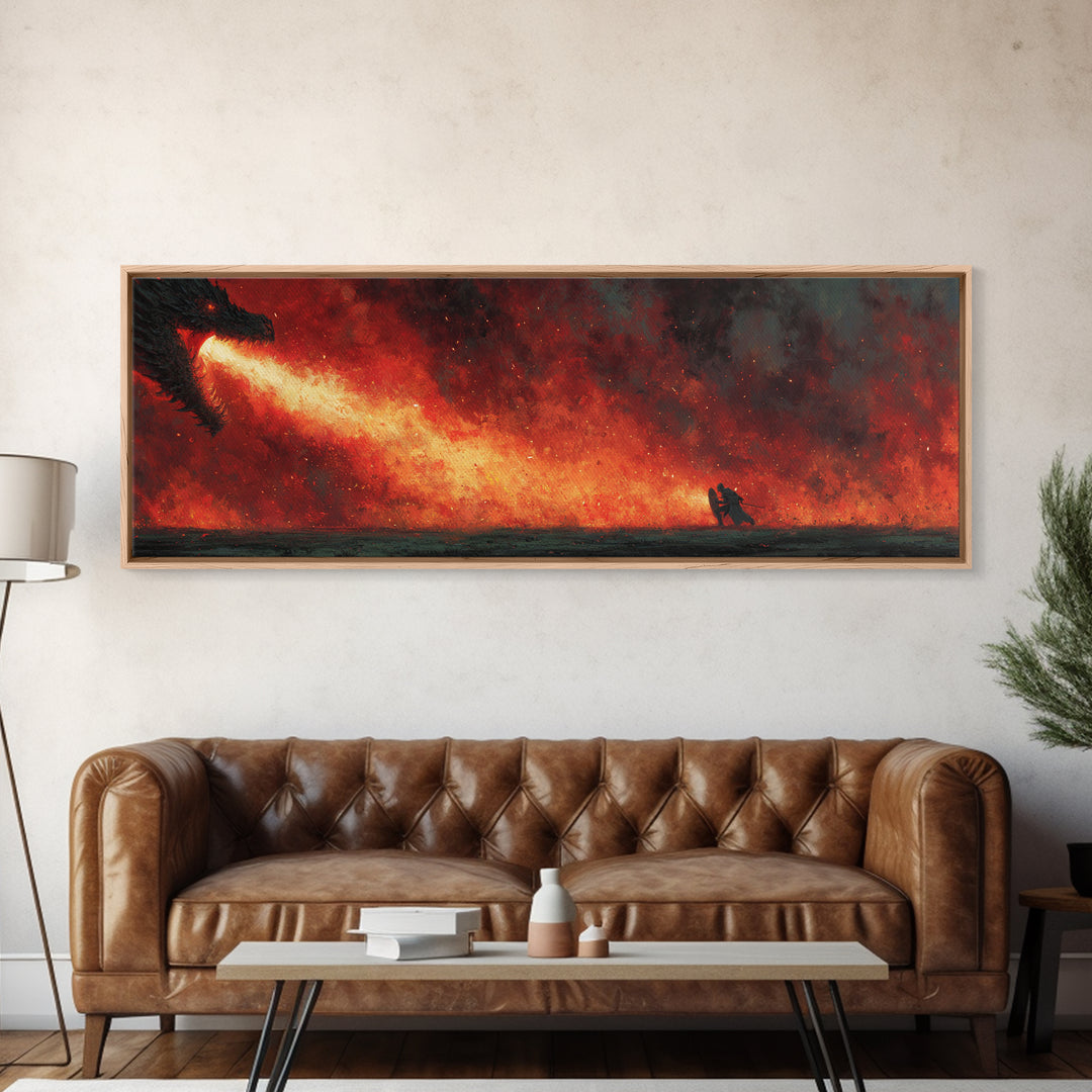 Epic Fantasy Dragon Breathing Fire At Warrior In Armor Wall Art Canvas Print Dramatic Mythical Battle Scene For Game Room Or Man Cave Home Decor