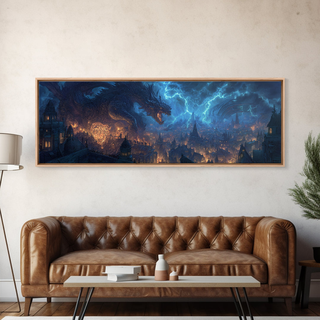 Epic Dragon Breathing Lightning Over Medieval Cityscape Wall Art Dramatic Fantasy Canvas Print Home Decor
