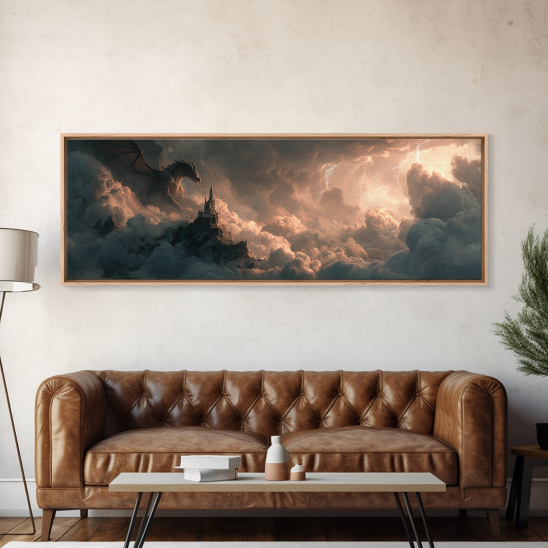 Dark Dragon Castle In Storm Clouds Canvas Print, Epic Fantasy Wall Art, Gothic Decor, Surreal Art, Gift For Gamer, Gaming Room Decor