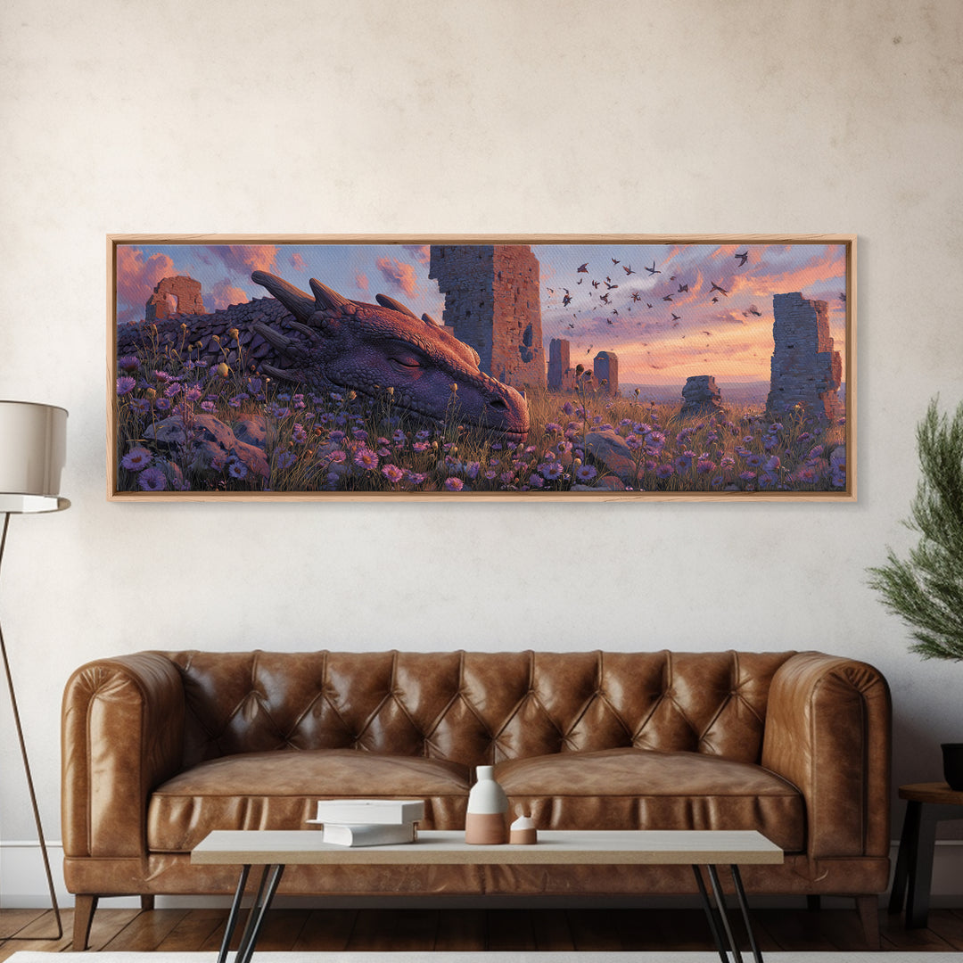 Sleeping Dragon Among Purple Wildflowers With Ancient Ruins Wall Art Print Magical Fantasy Canvas Print