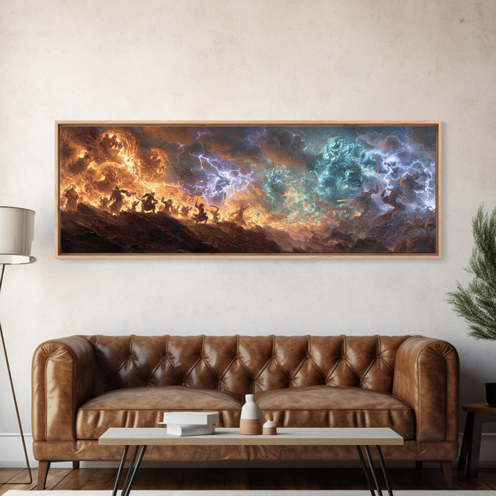 Dynamic Battle Scene Lightning Storm Fantasy Epic War Painting Wall Art Canvas Print For Mythical Home Decor And Unique Art Lovers