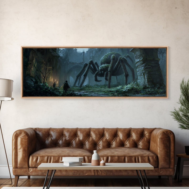 Giant Spider In Ancient Ruins With Adventurers, Dark Fantasy Illustration Wall Art Print, Framed Canvas Print For Gothic And Fantasy Decor