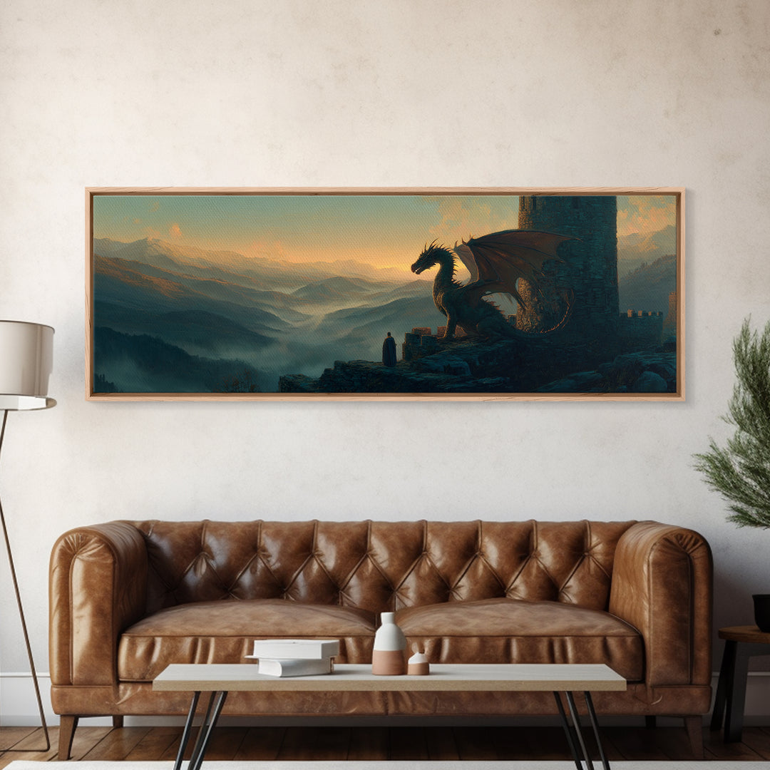 Mystical Scene Of Hooded Figure Facing Dragon On Rocky Ledge Above Foggy Valleys Fantasy Wall Art Canvas Print