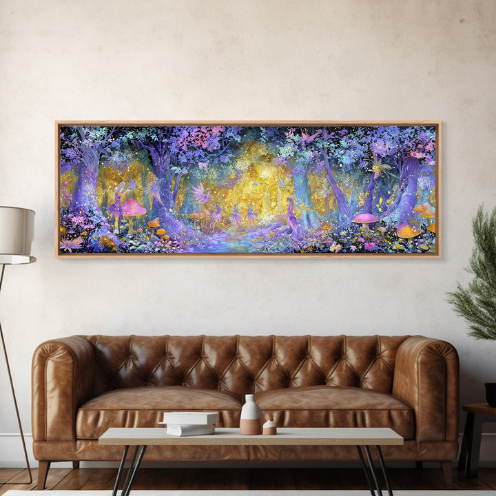 Enchanting Forest Fairy Dance With Magical Mushrooms And Glowing Lights Whimsical Wall Art Framed Canvas Print