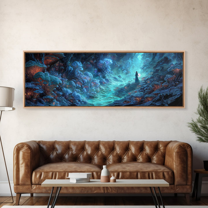Surreal Fantasy Glowing Cave With Blue Mushroom Forest Wall Art Canvas Print For Mystical Decor And Unique Gift Ideas