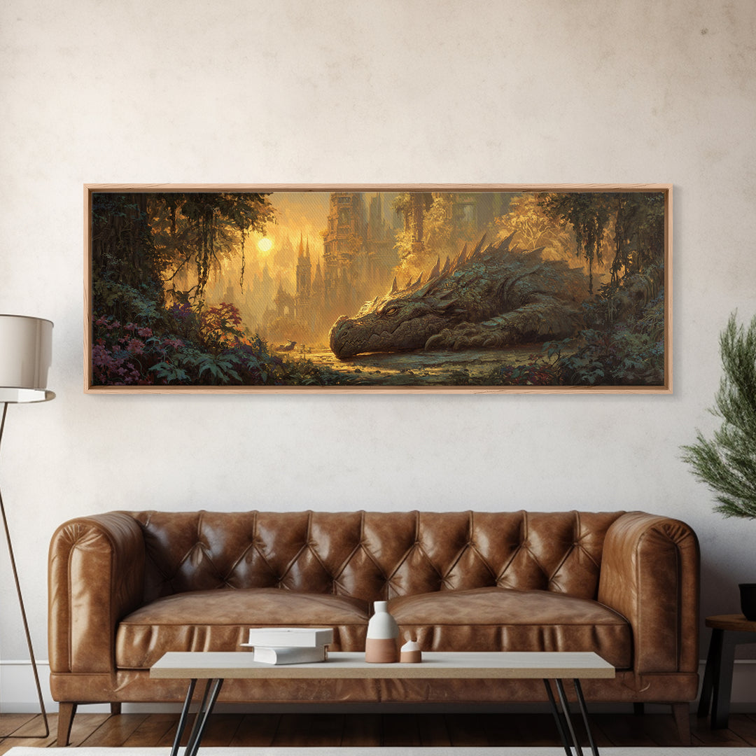 Fantasy Dragon Resting Peacefully In Enchanted Forest With Castle - Magical Fantasy Wall Art Canvas Print For Unique Home Decor