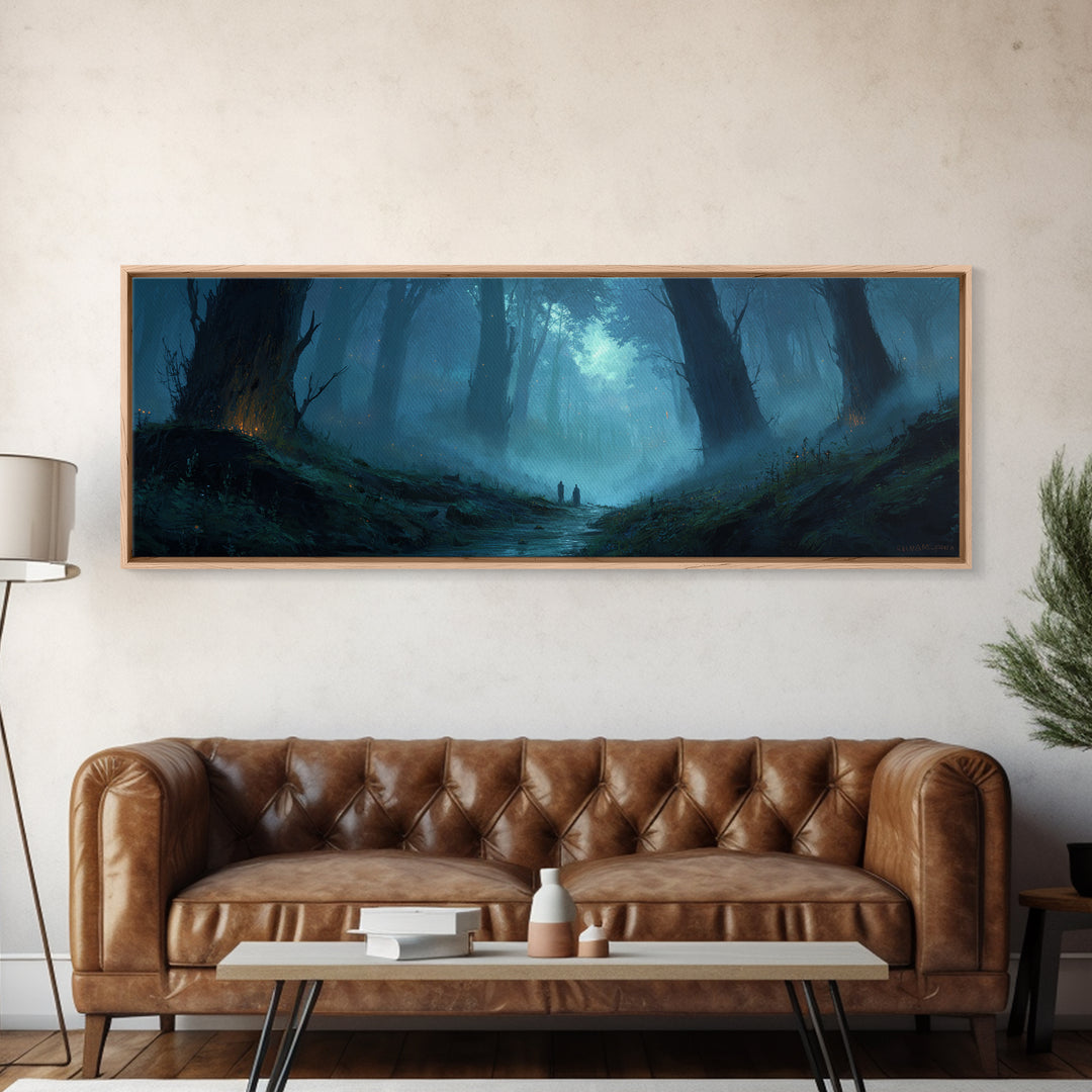 Atmospheric Misty Woodland With Two Figures Walking Through Foggy Forest - Moody Wall Art Canvas Print For Living Room And Bedroom Decor
