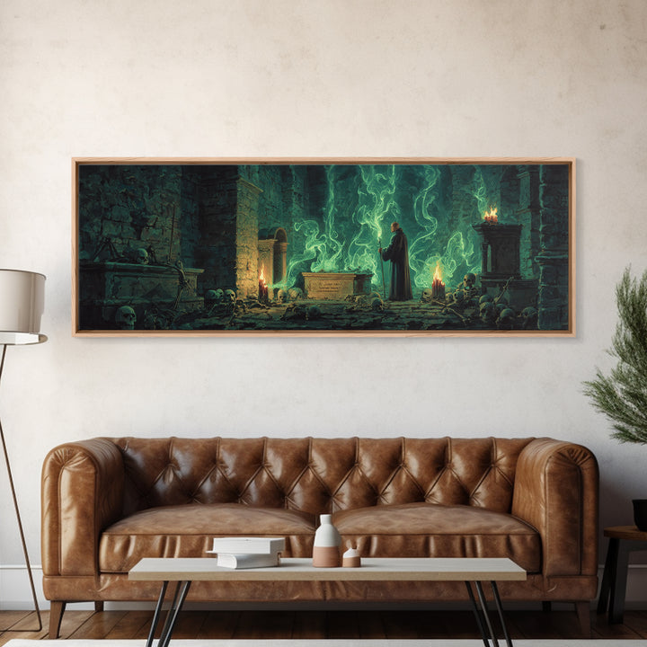 Mystical Wizard In Ancient Crypt With Glowing Green Flames Wall Art Modern Fantasy Decor Framed Canvas Print Unique Gift