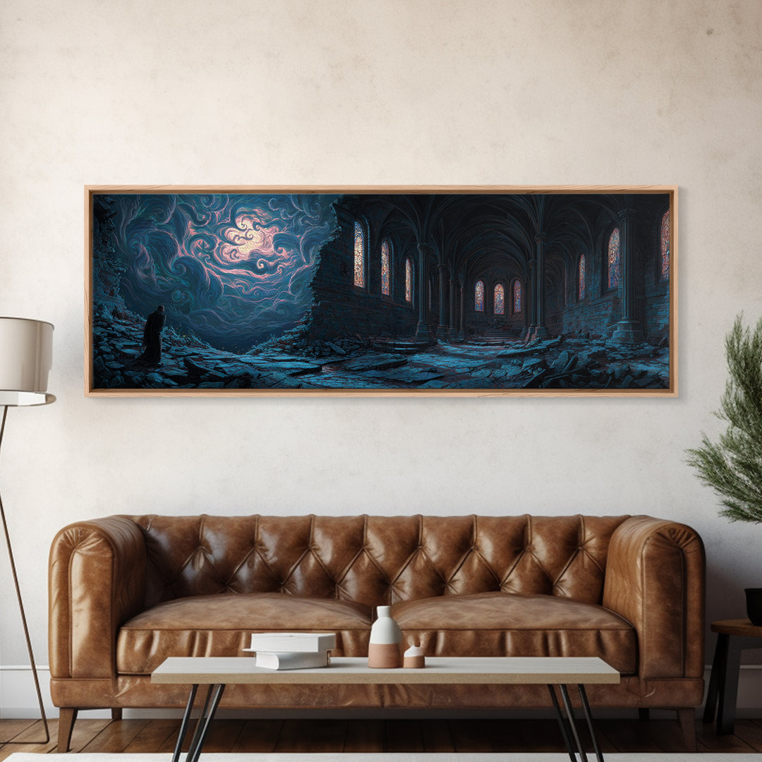 Majestic Ruined Gothic Church Scene At Night Fantasy Art Canvas Print For Dark Academia Wall Decor And Mystical Room Art