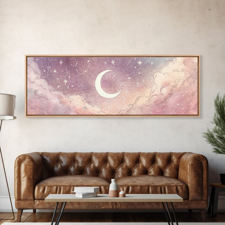 White Crescent Moon Over Pink Clouds Wall Art, Whimsical Celestial Nursery Decor, Dreamy Bedroom Decor, Framed Canvas Print