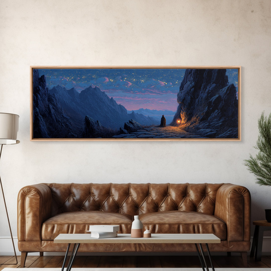 Mystical Knight Under Starry Night Sky Landscape Wall Art Framed Canvas Print For Fantasy Home Decor