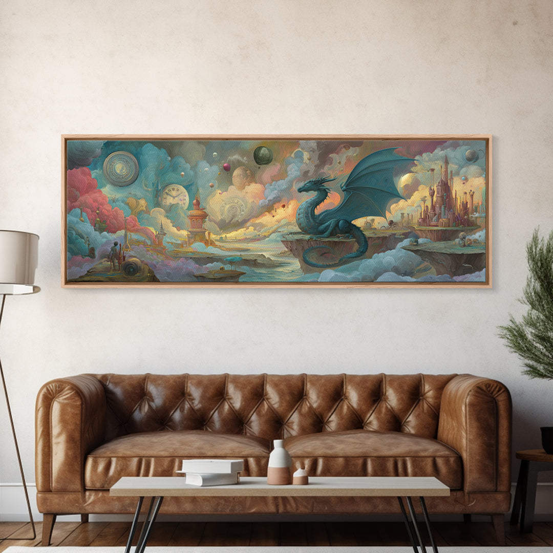 Majestic Blue Dragon Sitting On Floating Islands In Surreal Fantasy Landscape Wall Art Poster Print