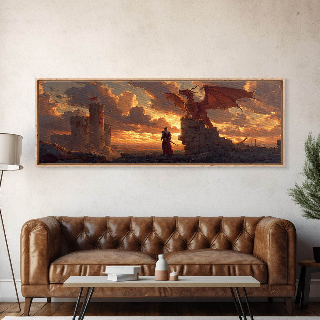 Majestic Dragon And Knight Battle At Castle Digital Fantasy Painting Framed Canvas Print For Magical Wall Art Home Decor