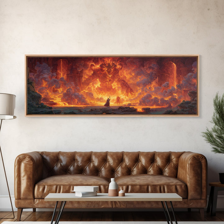 Fire Elemental Giant Facing Brave Warrior In Fiery Landscape Canvas Print Bold Large Wall Art For Dramatic Home Decor